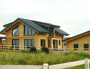 Wohnblockhaus und Holzrahmenhaus